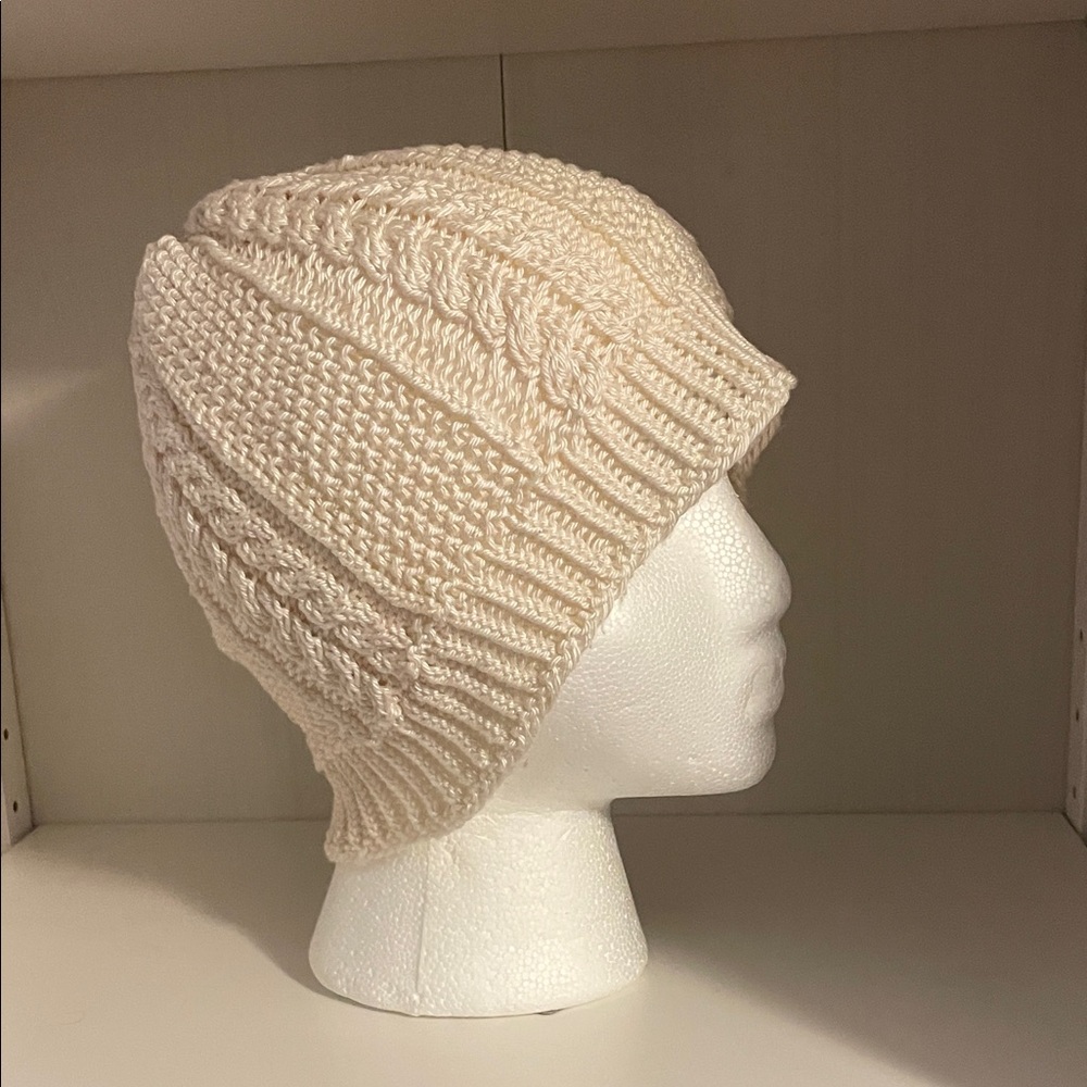 Handmade Knitted Cream Cotton Cable Beanie